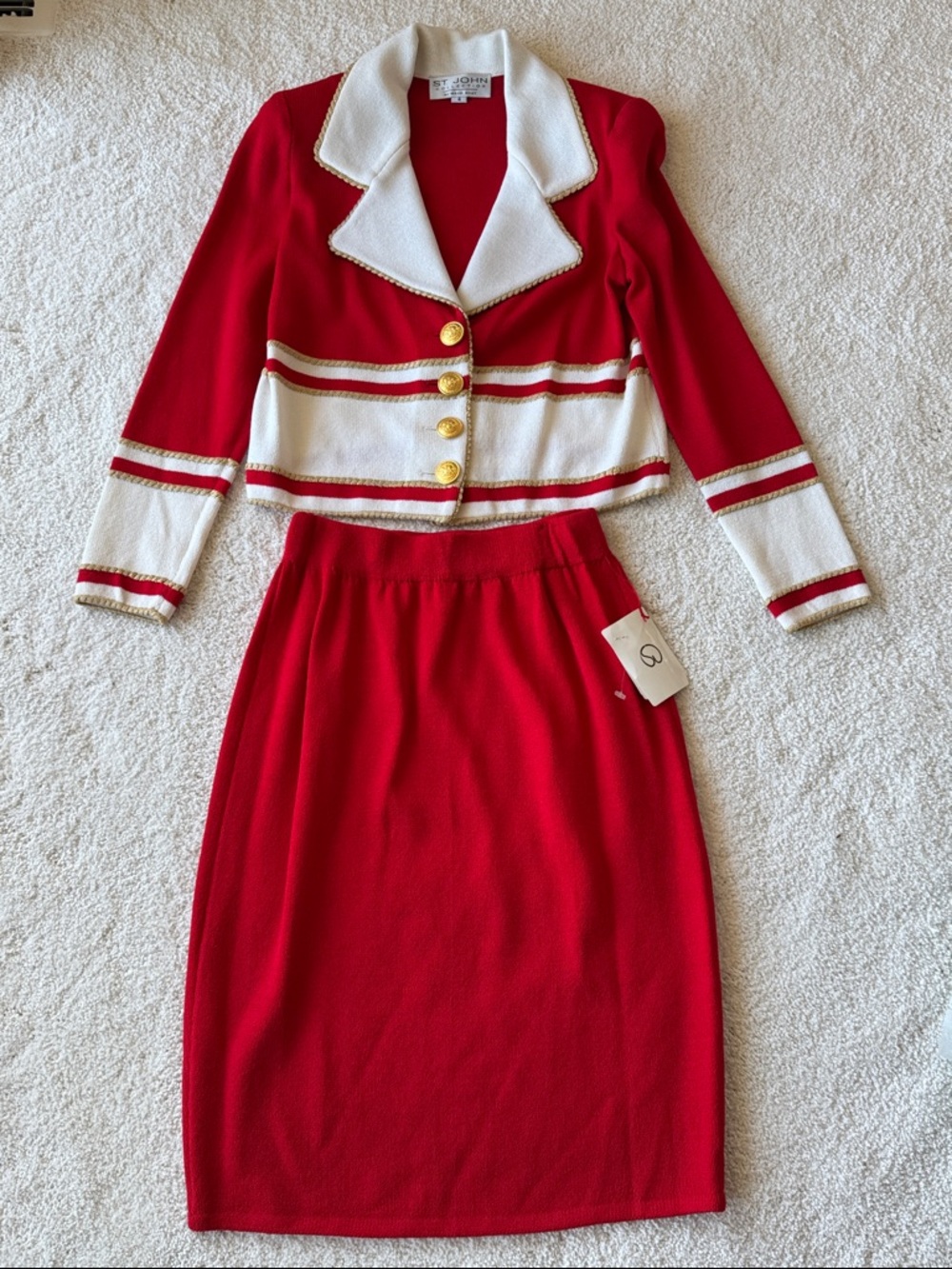 St. John Red and White Two-Piece Knit Skirt Set with Gold Buttons